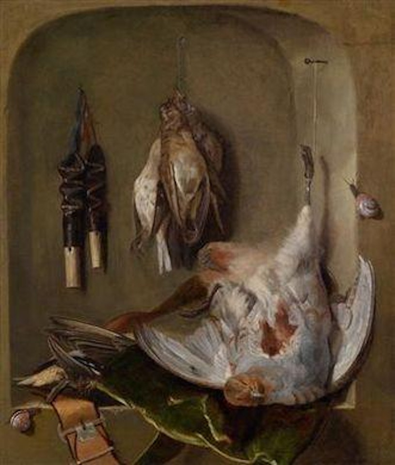 A still life with shot wildfowl and hunting utensils in a niche by Jan Weenix