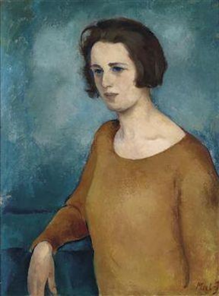 Portrait of a woman with ochre-coloured dress before a blue background by Joseph Floch