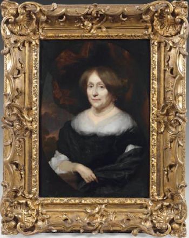 Portrait de maria Theding van Berkhoud épouse de Nicolas de Bye sur fond de drapé et de parc by Nicolaes Maes