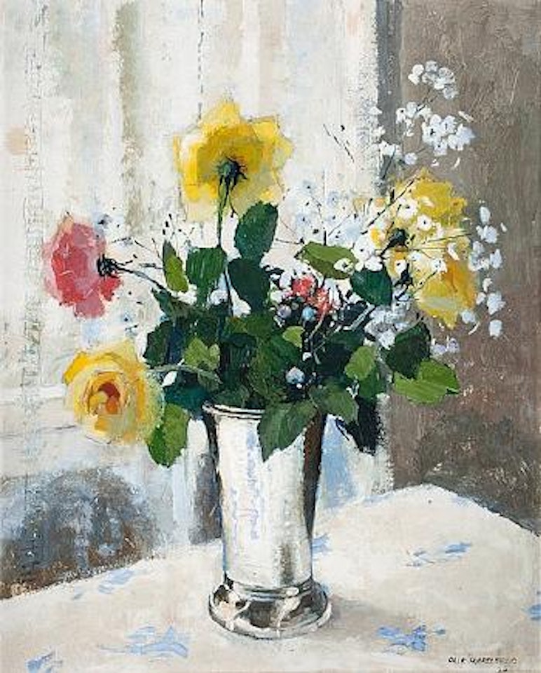 Still life with roses and meadow flowers in silver beaker by Olle Hjortzberg