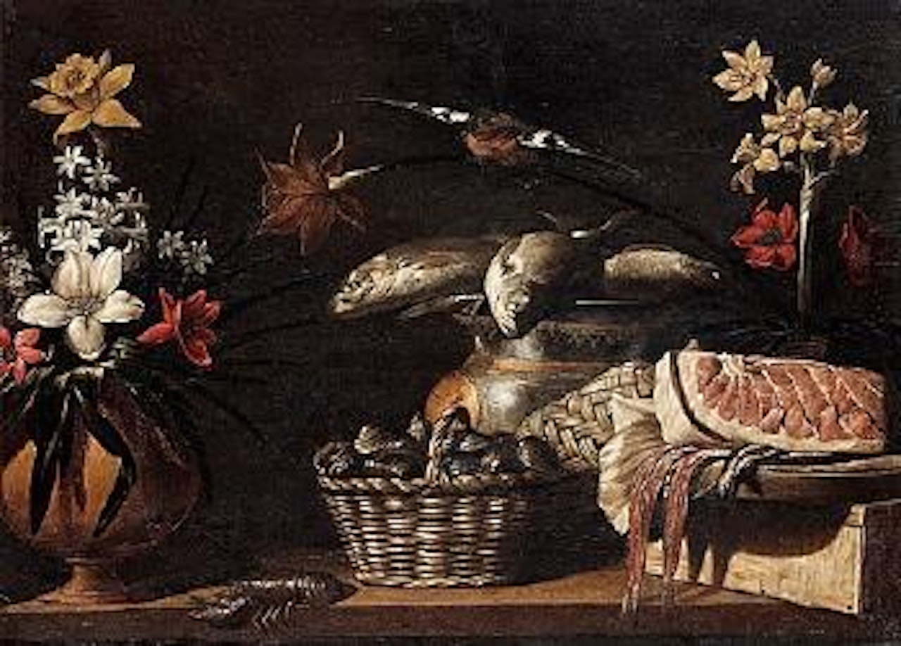 Still life with fish, clams, crabs and flowers by Giuseppe Recco