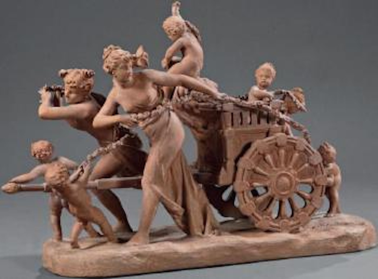 Deux jeunes femmes tirant un char supportant cinq enfants, deux enfants à la partie avant, les roues du char sont ornées de petits balustres sculptés by Albert-Ernest Carrier-Belleuse