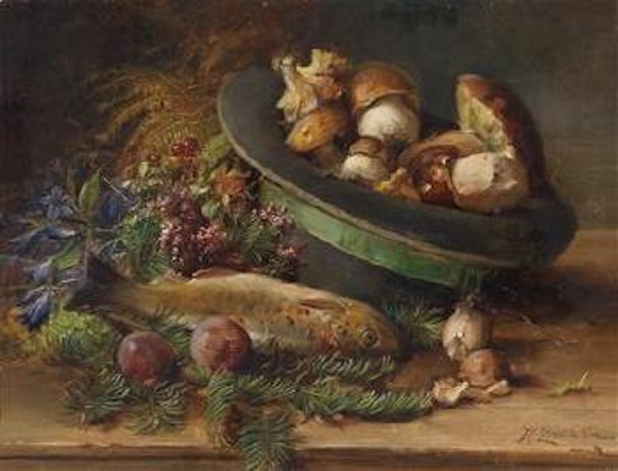 Autumnal still life with mushrooms and fish by Hans Zatzka