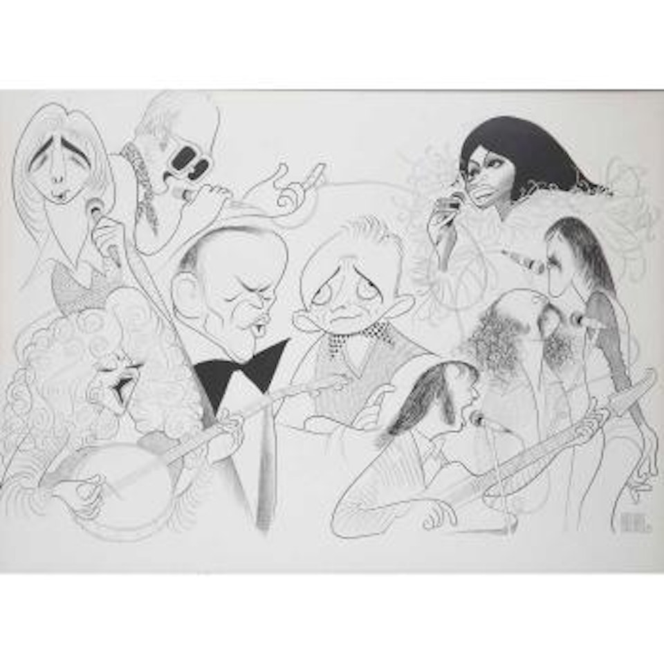 Dolly Parton, Barry Manilow, Elton John, Frank Sinatra, Bing Crosby, Diana Ross, Graham Nash, Stephen Stills, and David Crosby by Al Hirschfeld