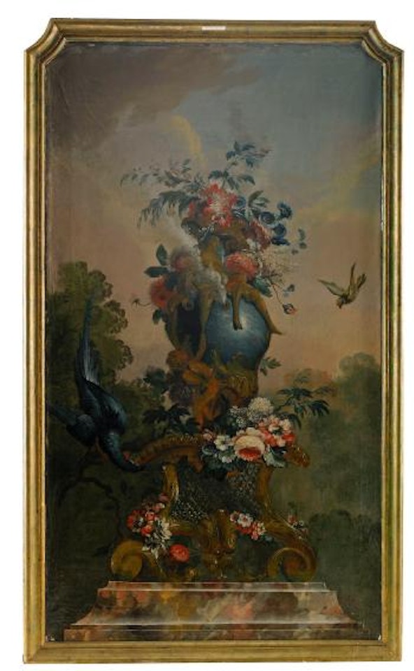 Väggfält med motiv av parklandskap med postament och rocailleplint krönt av vas med blomstergirlang och papegoja by Johan Pasch