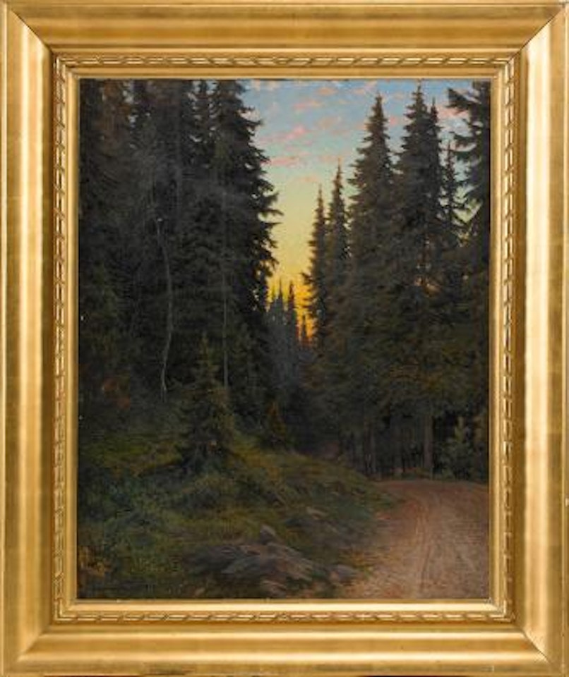Skogsväg i aftonrodnad by Anshelm Schultzberg