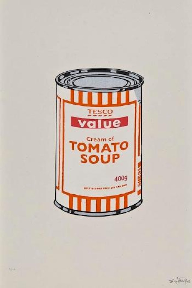 Soup can - white, orange, raspberry by Banksy