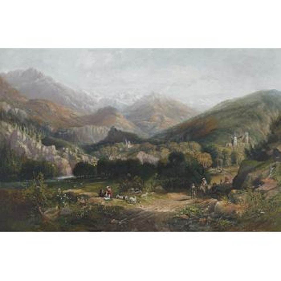 Extensive alpine vista with shepherds resting and travelers mingling by John Wilson Carmichael