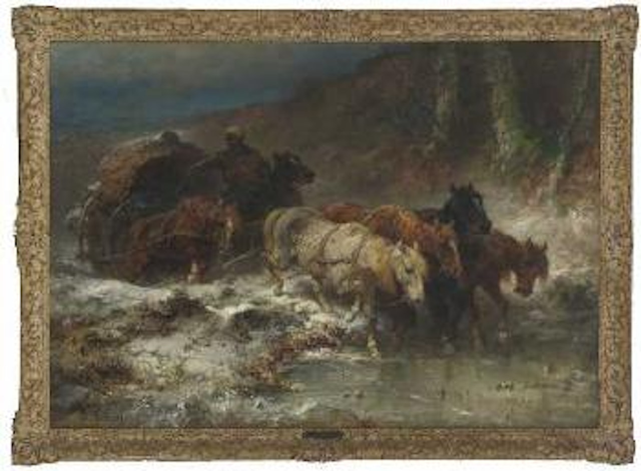 Sechsspänniger walachischer Güterwagen an vereister Furt by Adolf Schreyer