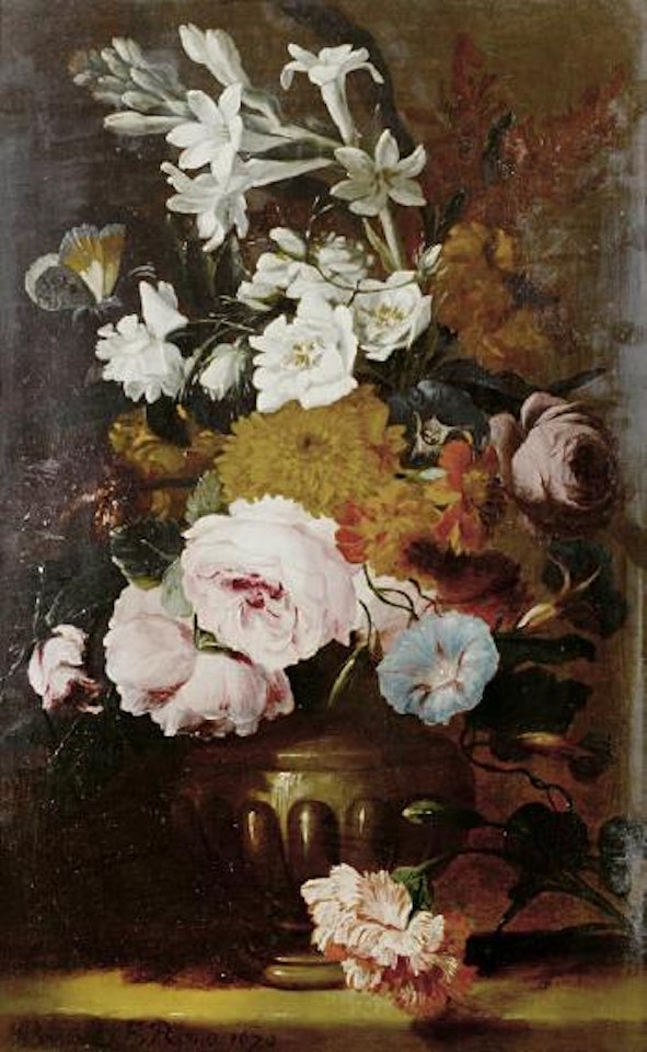 Roses, jasmine, primroses and other flowers in an urn on a table top by Abraham Brueghel
