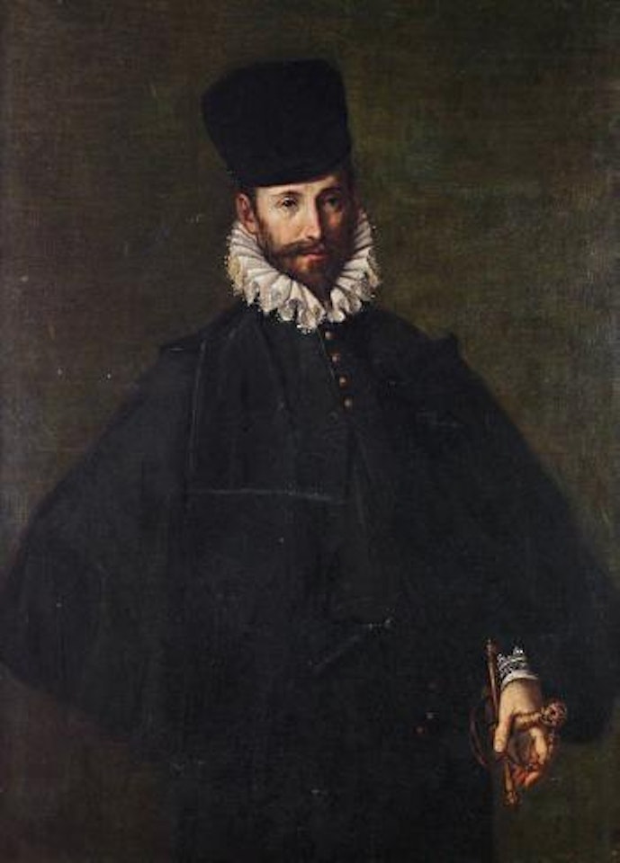 Portrait of a gentleman, three-quarter-length, in a black cloak, hat and a white lace collar by BOLOGNESE SCHOOL
