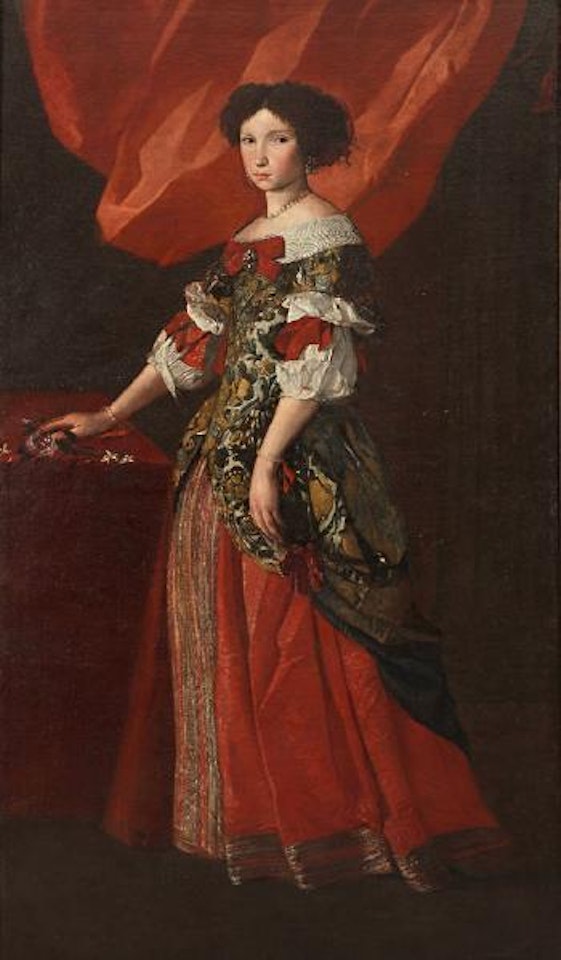 Portrait of a lady, full-length, in a red and gold brocade dress standing before a red curtain by Pier Francesco Cittadini
