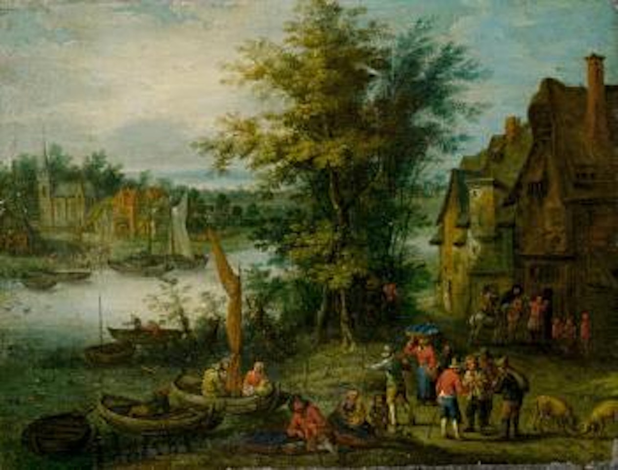 Peasants crossing a river on barges, before an open landscape by Karel Beschey