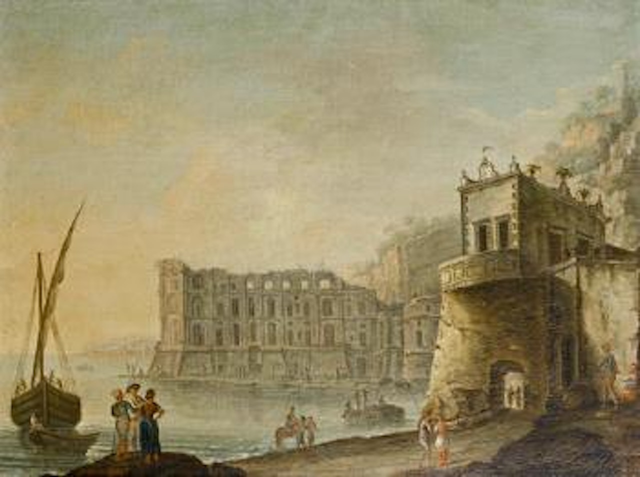 A view of the Temple of Diana, Baia, with Grand Tourists in the foreground. A view of Posillipo in the Bay of Naples looking north, with the Palazzo Donn'Anna by Carlo Bonavia