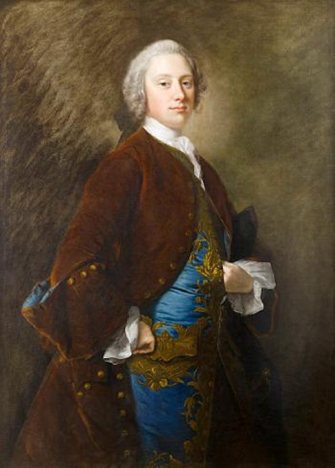 Portrait of Assheton Curzon, 1st Viscount Curzon, three-quarter-length, in a brown velvet coat and blue waistcoat trimmed with gold, a tricorn hat beneath his left arm by Thomas Hudson