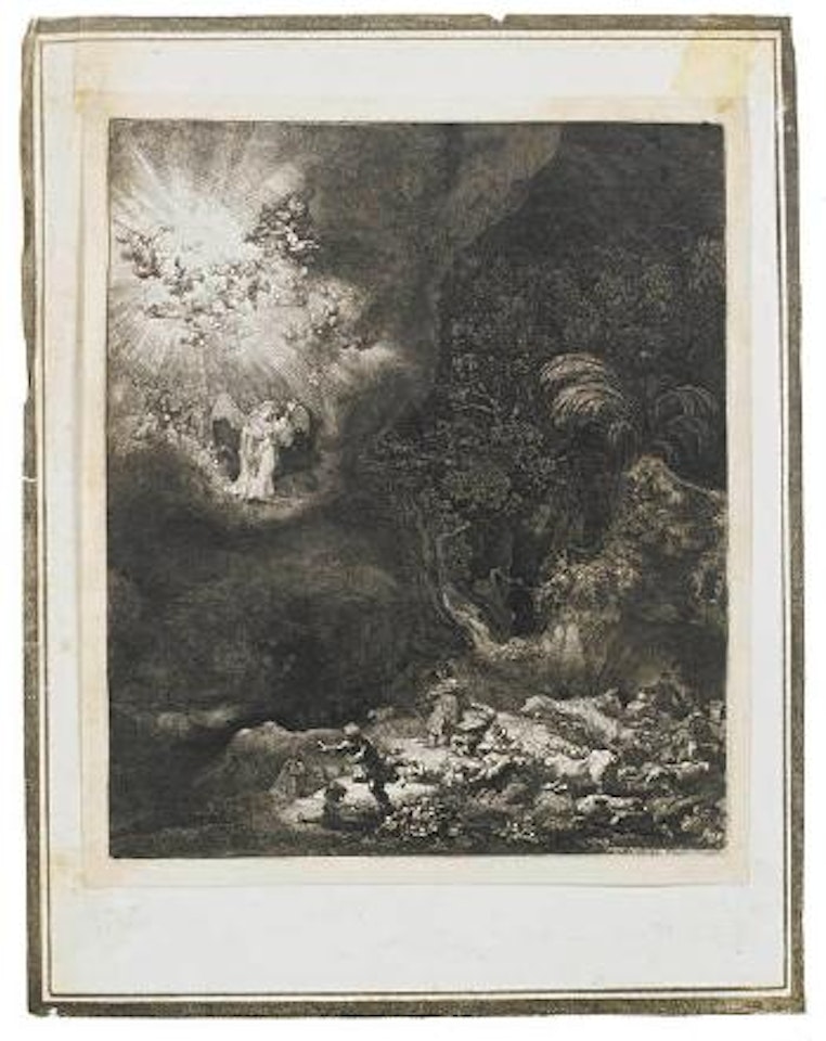 Angel appearing to the shepherds by Attributed to Rembrandt Harmensz van Rijn