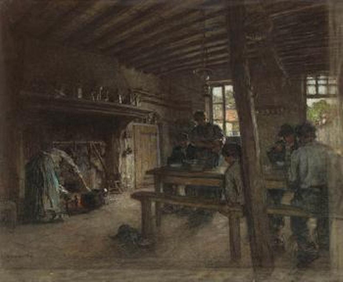 Le repas des ouvriers à la ferme by Léon Augustin Lhermitte