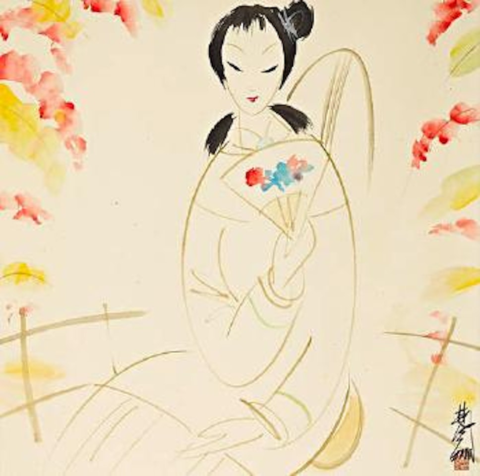 Lady holding a fan by Lin Fengmian