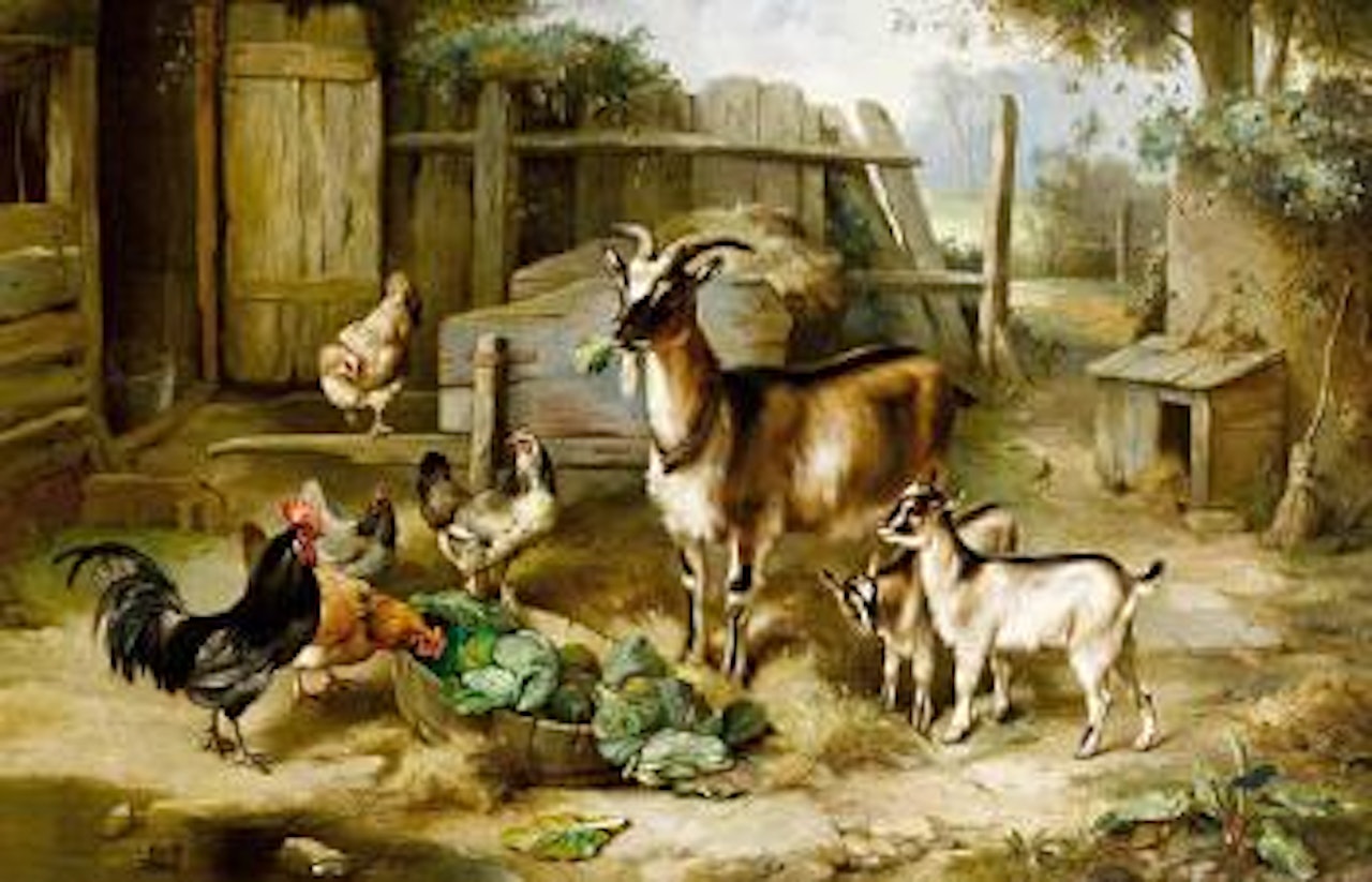 Goats and chickens in a farmyard by Edgar Hunt