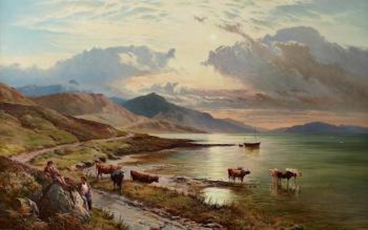Highland cattle watering in a mountain loch by Sidney Richard Percy