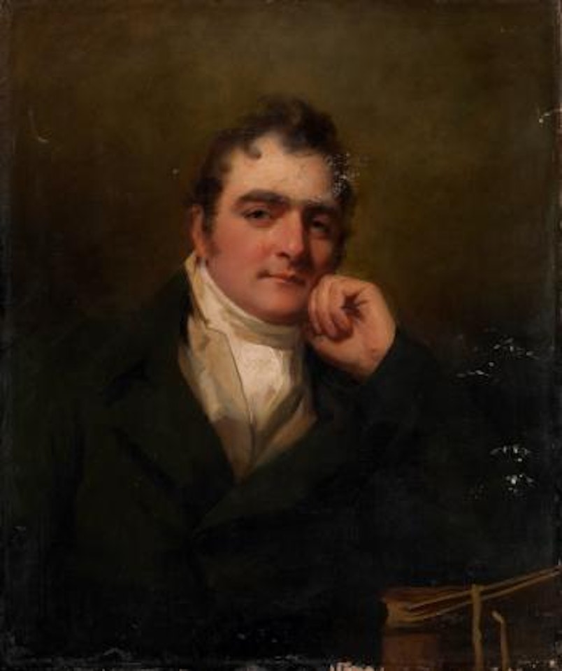 Portrait of architect James Gillespie Graham (1776-1855), bust-length, in a dark green coat and a white neckerchief resting his left elbow on a book by Henry Raeburn