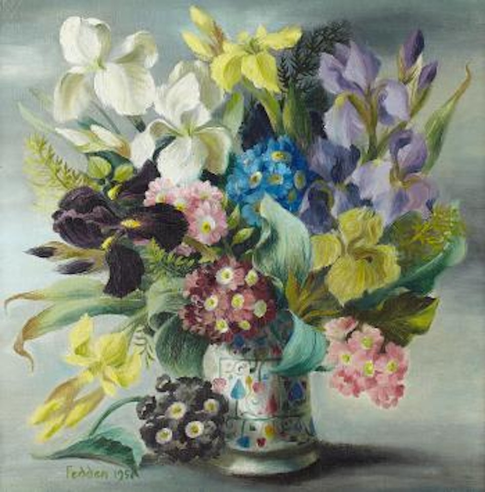 Mixed flowers in a jug by Mary Fedden