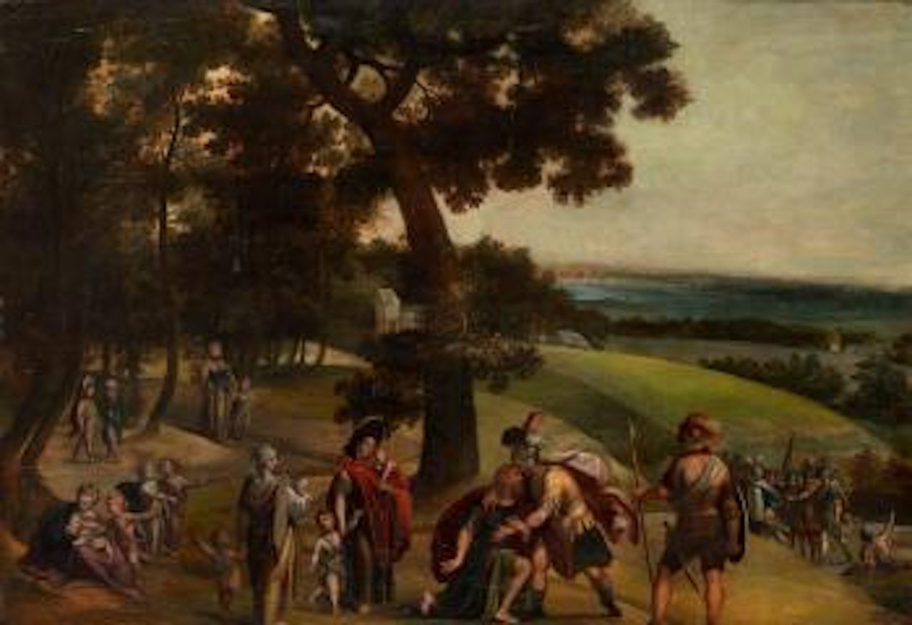 The reconciliation of Jacob and Esau in an extensive wooded landscape by Anton Mirou