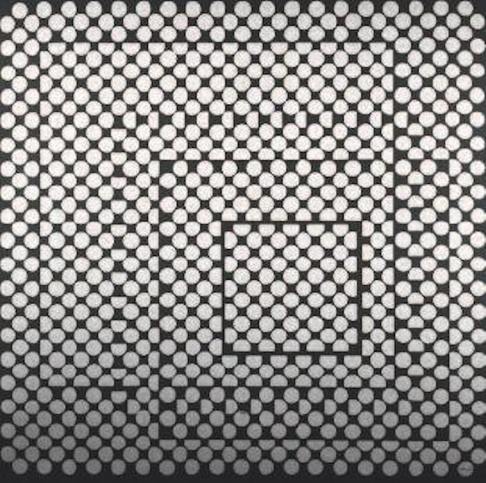 Black dots on aluminum square by Victor Vasarely