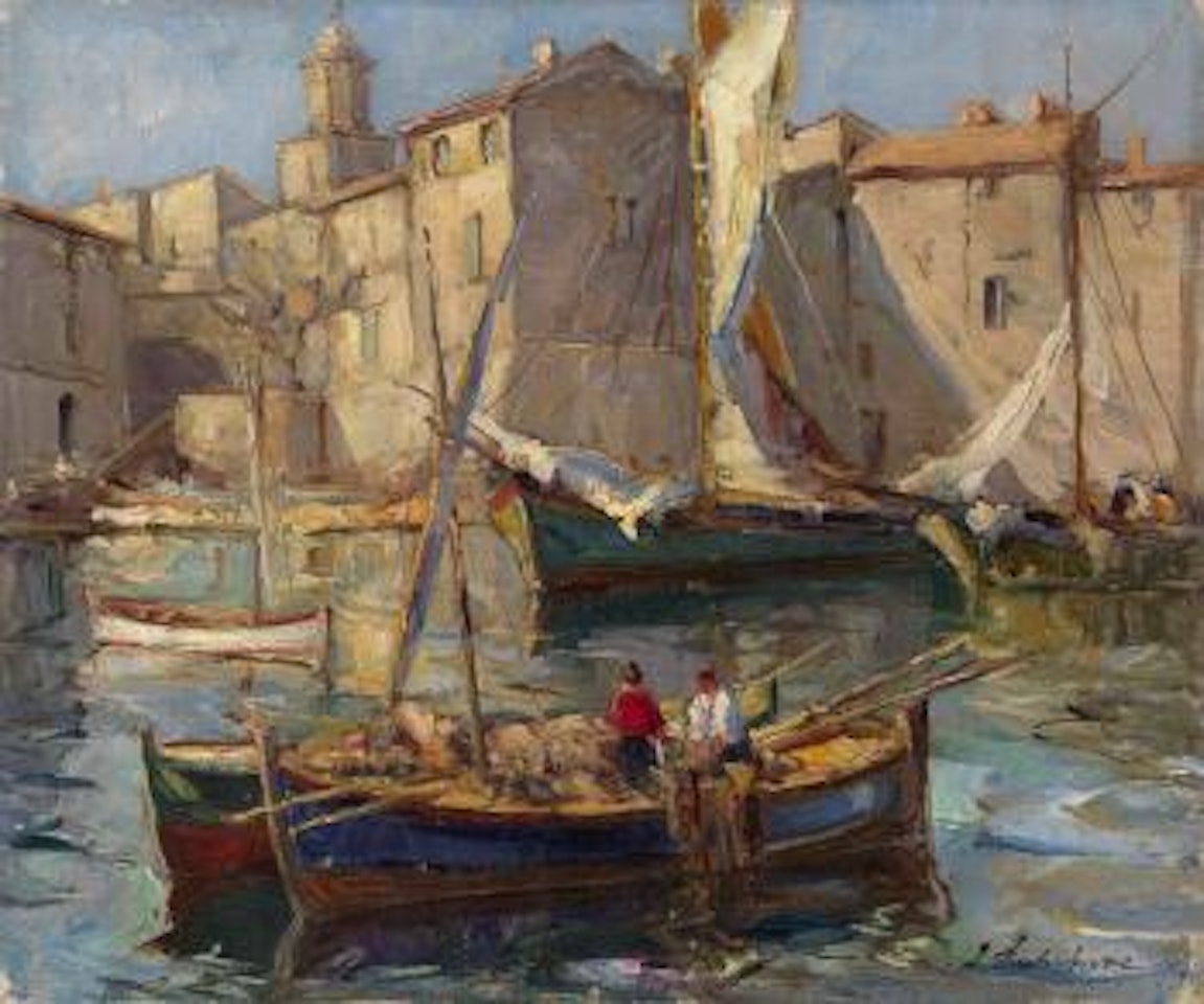 Fishing boats in the harbor by Georgij Aleksandrovic Lapschin