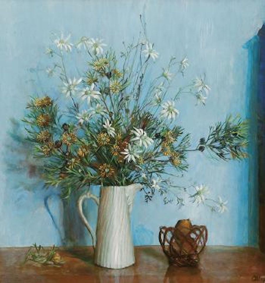 Flannel and wild flowers in a white vase by Margaret Hannah Olley