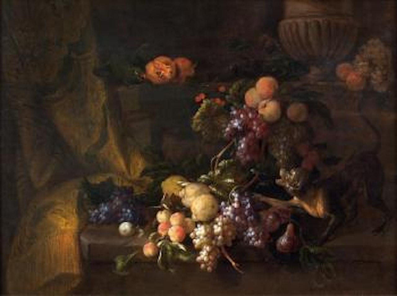 Nature morte aux raisins, singe et perroquet by Jan Pauwel Gillemans