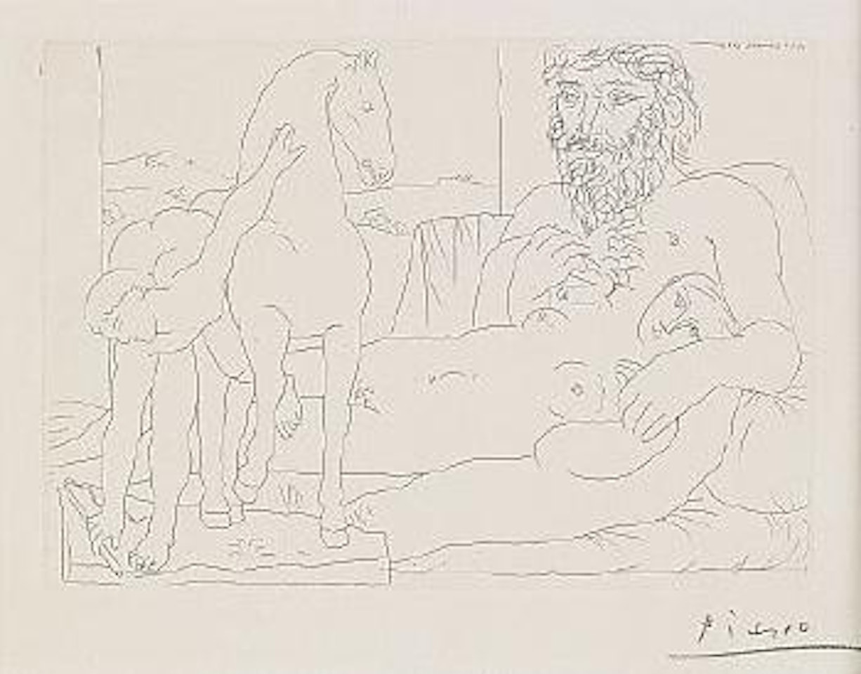 Le Repos du Sculpteur devant le Jeune Cavalier - Suite Vollard pl. 55 by Pablo Picasso