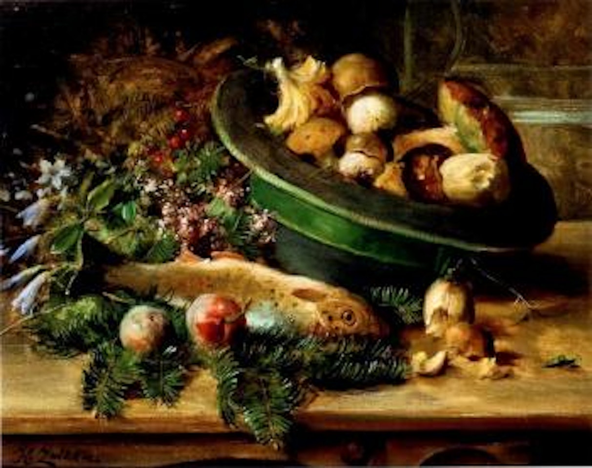 Stillleben mit Pilzen und Fisch by Hans Zatzka