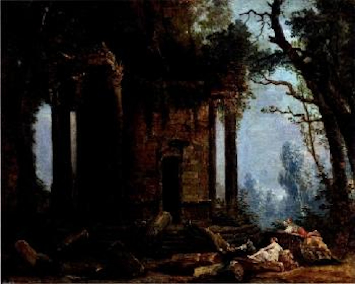 Landschaft mit Ruine eines Rundtempels und Figuren by Hubert Robert