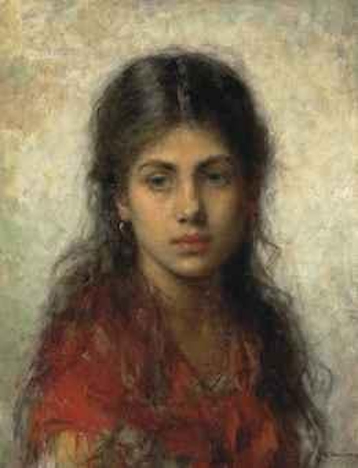 Girl with a red shawl by Alexei Harlamoff