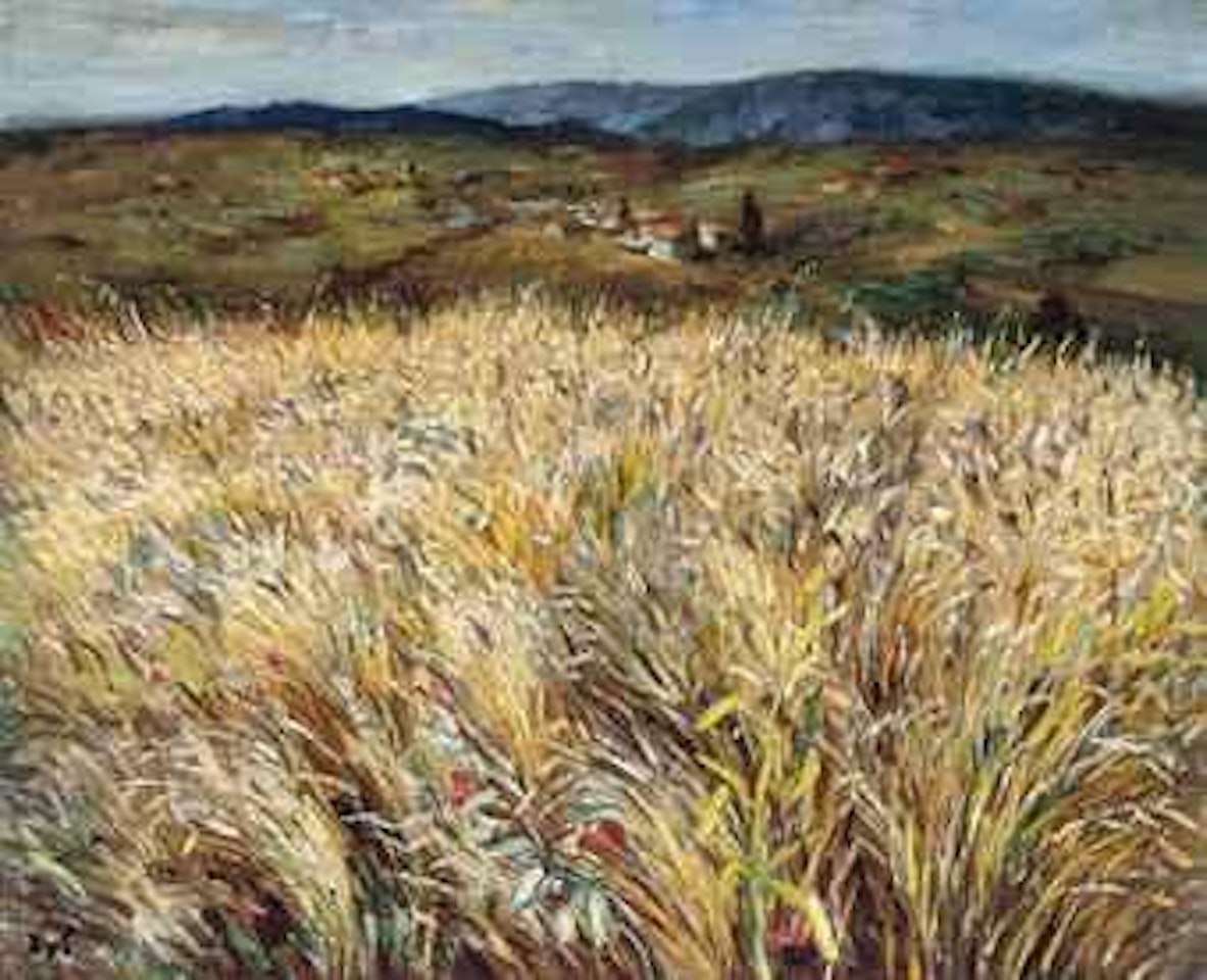 Champ de blé et village en Provence by Marcel Dyf