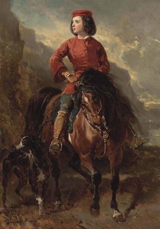 Jeune cavalier montant un shetland et lévrier by Alfred de Dreux