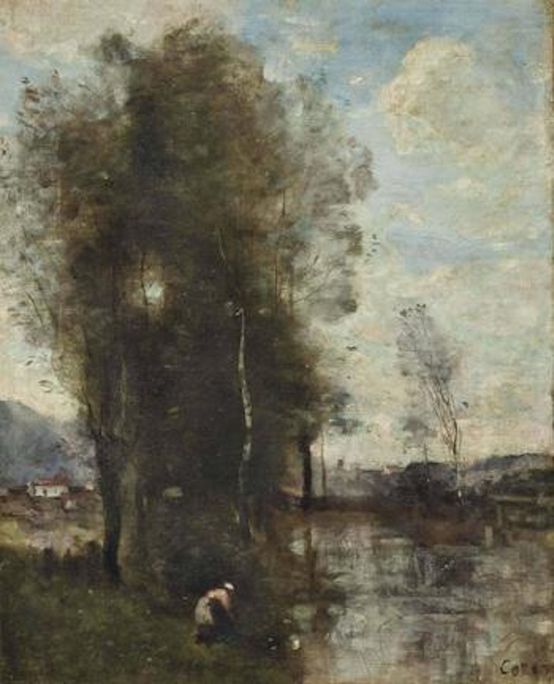 Paysanne de dos au bord d'une rivière by Jean Baptiste Camille Corot