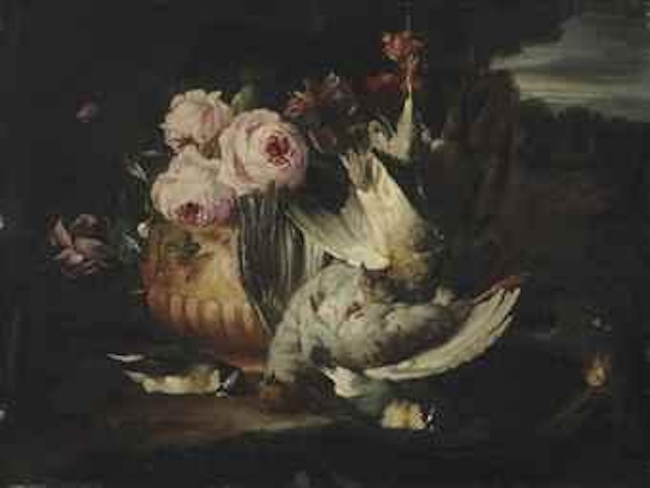 Flowers in a terracotta vase with dead game by Franz Werner von Tamm