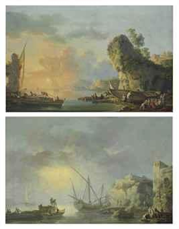 A harbor at dawn with fishermen embarking from the shore; and A harbor at dusk with fishermen tying up nets and coming ashore by Carlo Bonavia
