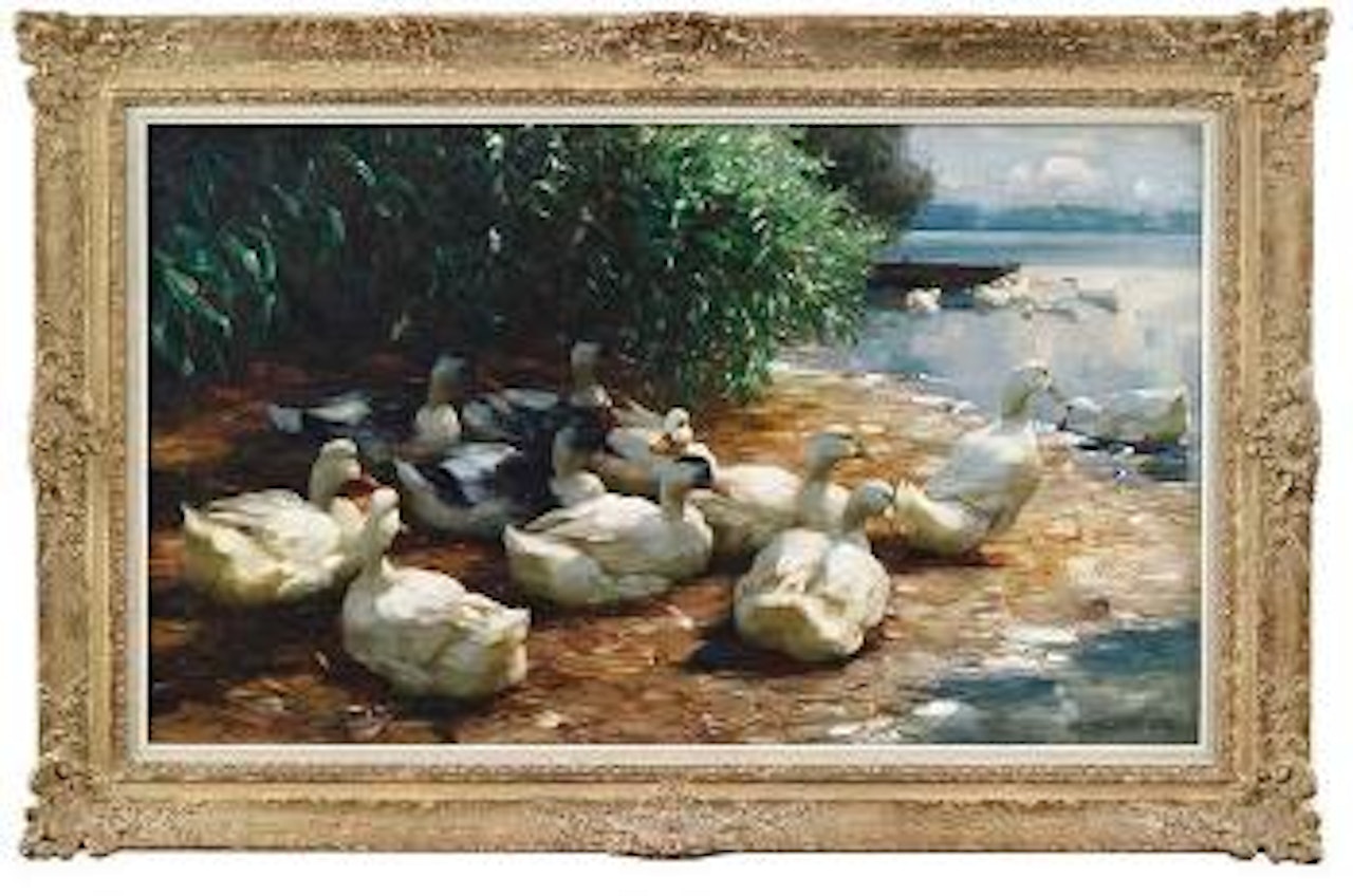 Lagernde Enten am Seeufer mit Kahn by Alexander Koester