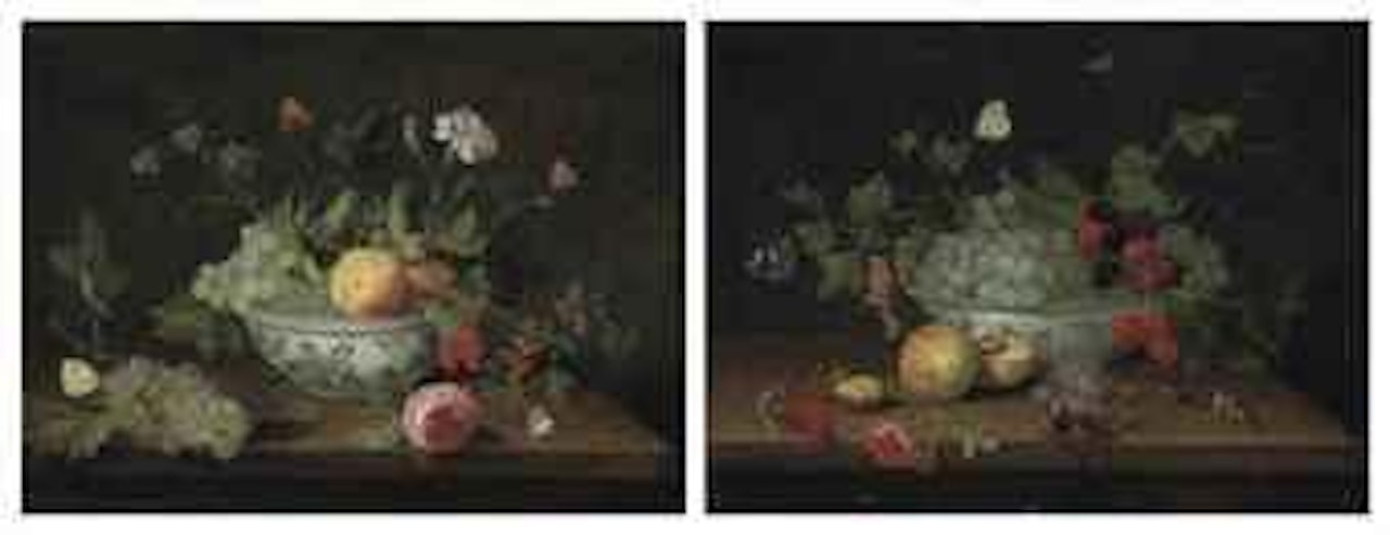 Grapes, peaches, cranberries, flowers and butterflies, in porcelain bowl on wooden ledge; and Grapes, blackberries, cherries, butterflies and a walnut in porcelain bowl on wooden ledge by Jan Van Kessel The Elder