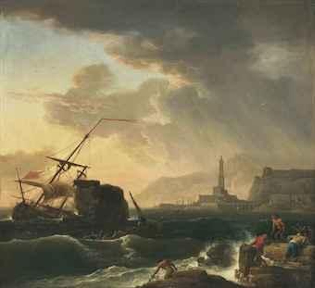 A shipwreck with figures coming ashore by Claude Joseph Vernet
