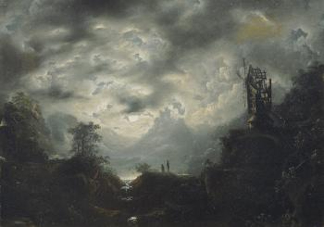 Dramatic moonlit Landscape with Remains of a Windmill by German School