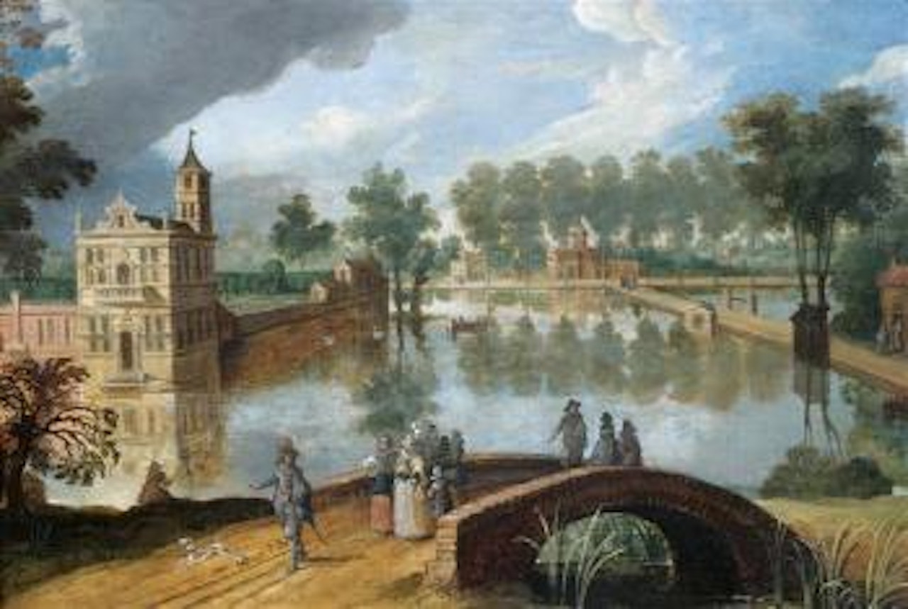 Elégante assemblée sur un pont enjambant les douves d'un château Renaissance by Sebastian Vrancx