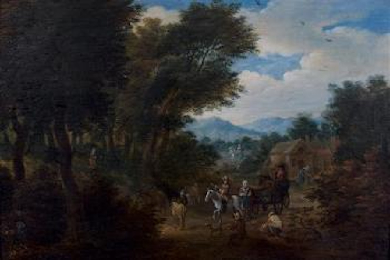 Paysans sur une route en lisière de forêt by Adriaen Frans Boudewyns by Pieter Bout