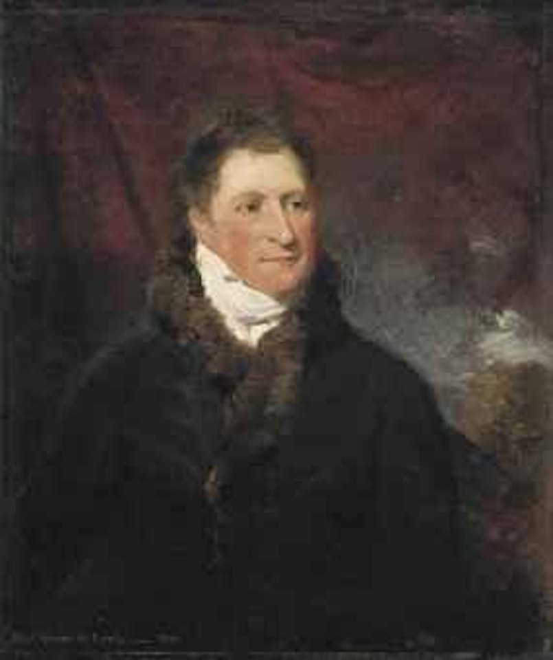 Portrait of Henry Greswold Lewis (1754-1829), half-length, in a brown fur-lined coat, a draped red curtain and landscape beyond by John Constable
