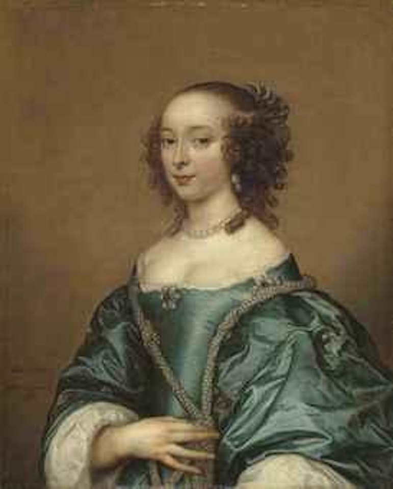 Portrait of a lady, half-length, in a blue dress with pearls by Adriaen Hanneman