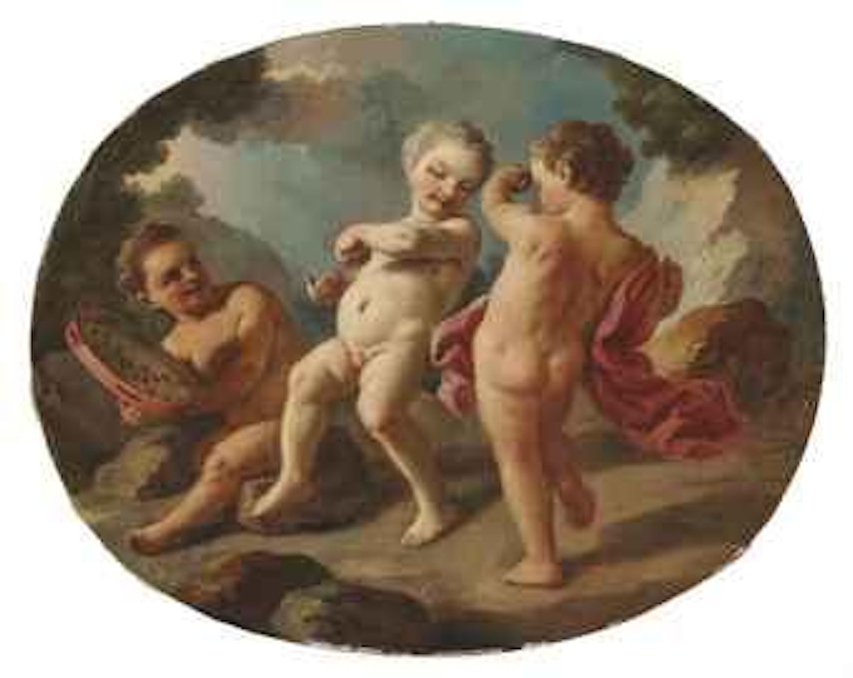 Three puttis playing instruments and dancing by Francesco de Mura