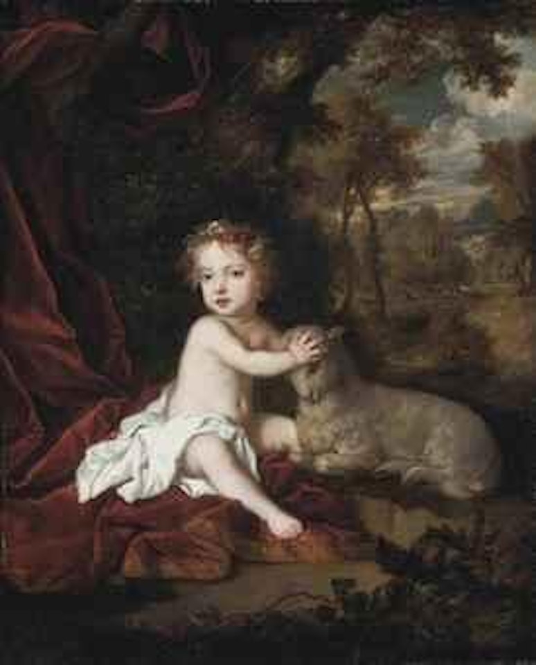 Portrait of a girl, possibly Princess Isabella Stuart, daughter of King James II, full-length, with a garland of flowers in her hair, seated on a draped red velvet curtain, with a lamb, in a wooded landscape by Sir Peter Lely